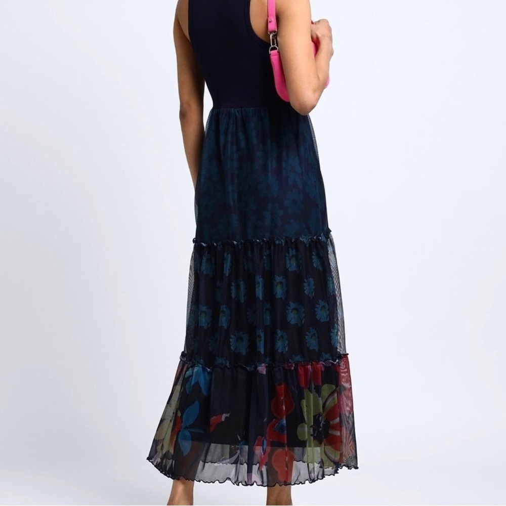 New Desigual Long Combination Tulle Dress In Navy sz large - Picture 2 of 14